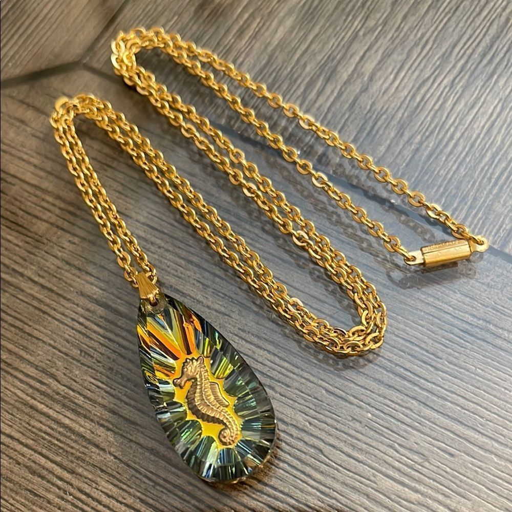 Germany Aurora Borealis Glass Sea Horse Reverse Carved Pendant Gold-tone Chain